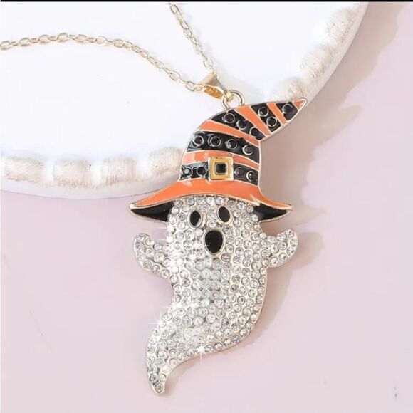 Rhinestone Ghost Necklace Halloween - Picture 1 of 5